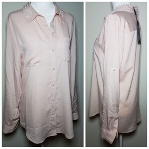 NWT|Karl Lagerfeld Pink Pearl Collar Long Sleeve Button-Down Shirt, SMALL